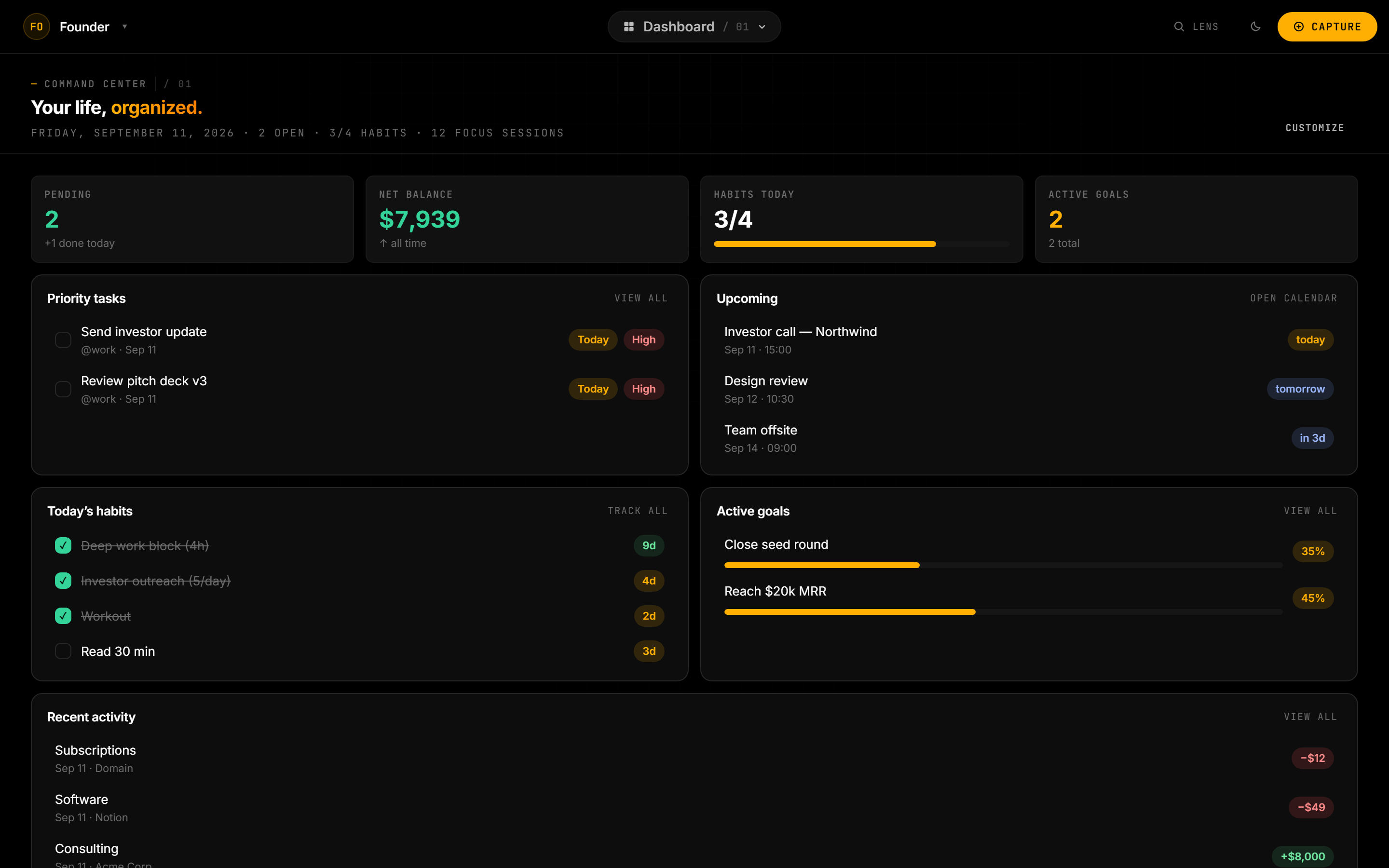 Plannr.do dashboard command center with pending tasks, net balance, habits and goals