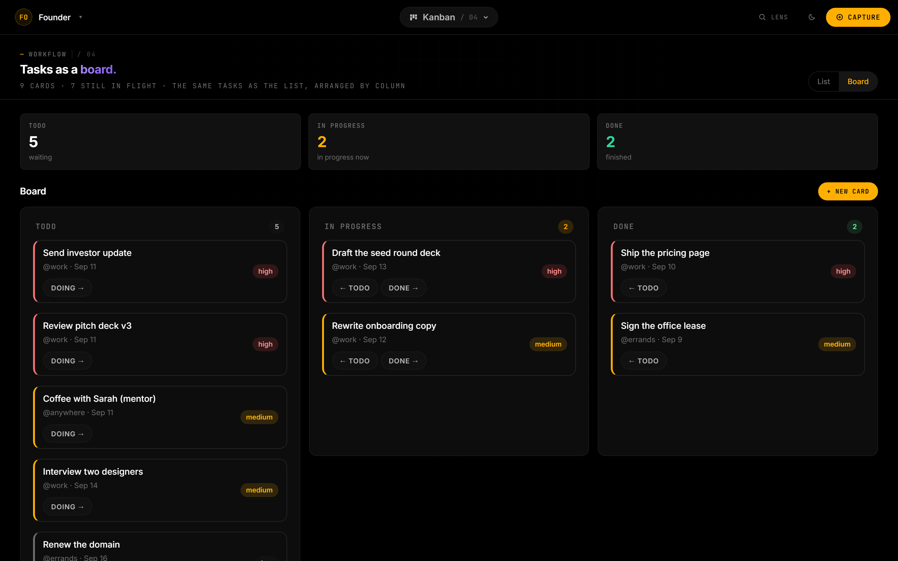 Plannr.do kanban board with tasks arranged across Todo, In progress and Done columns